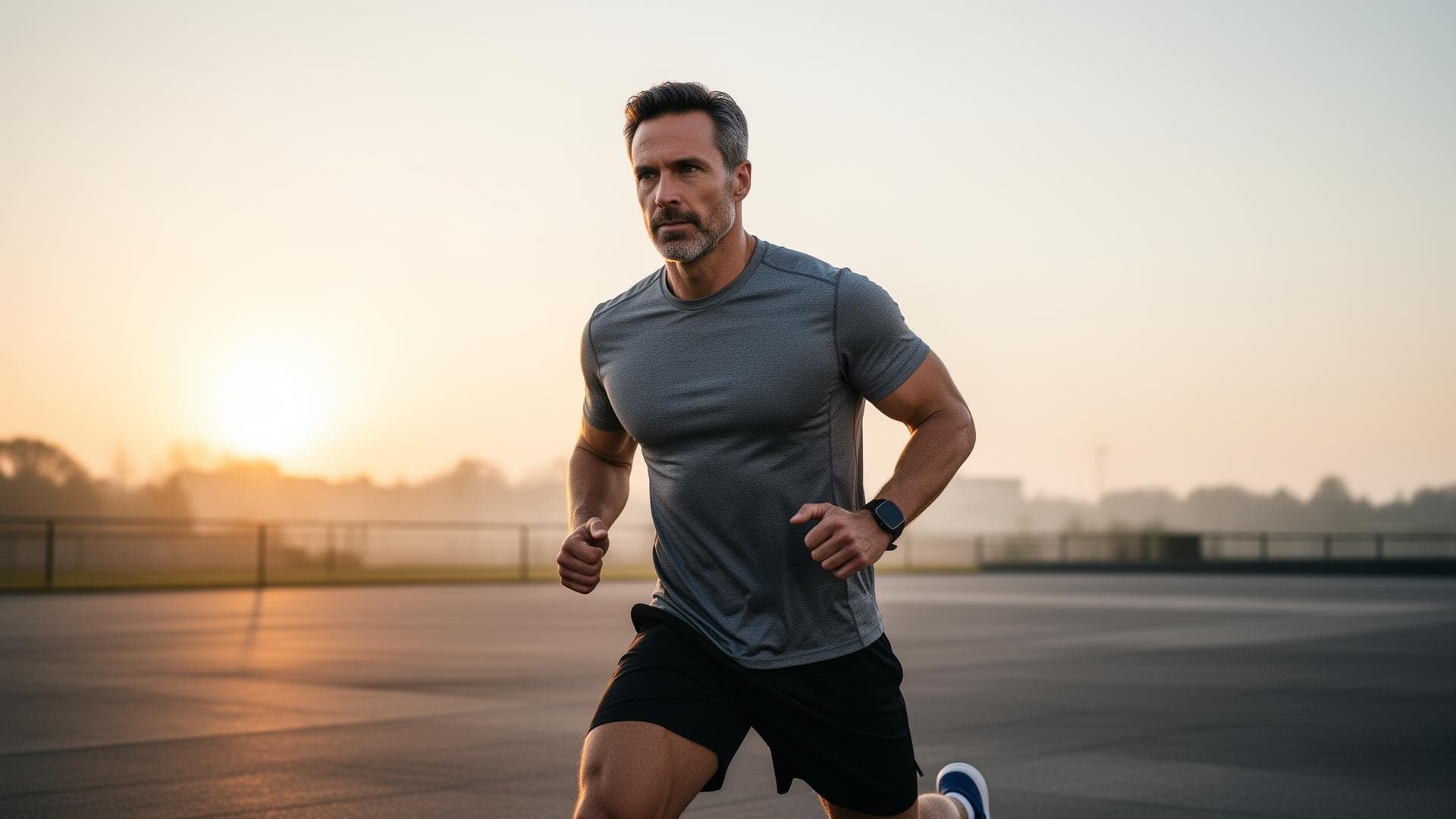 Athletic man training at sunrise